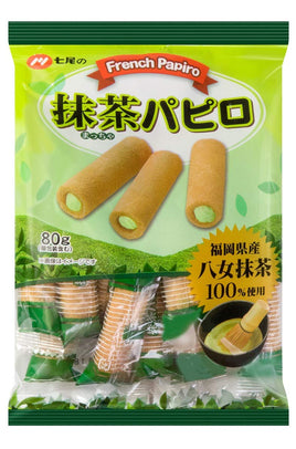 NANAO French Papiro Matcha Cream Filling Roll 2.8oz (80g)- Japan Fukuoka Yame Matcha Cream Egg Roll Snacks Individual Satches, japanese cracker green tea wagashi candy vegetarian cookie (1 Pack)